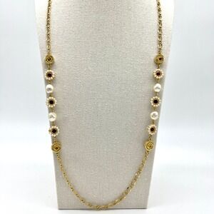 Vintage Gold Tone Necklace Faux Pearl Beaded Chain Long‎ Fashion Jewelry